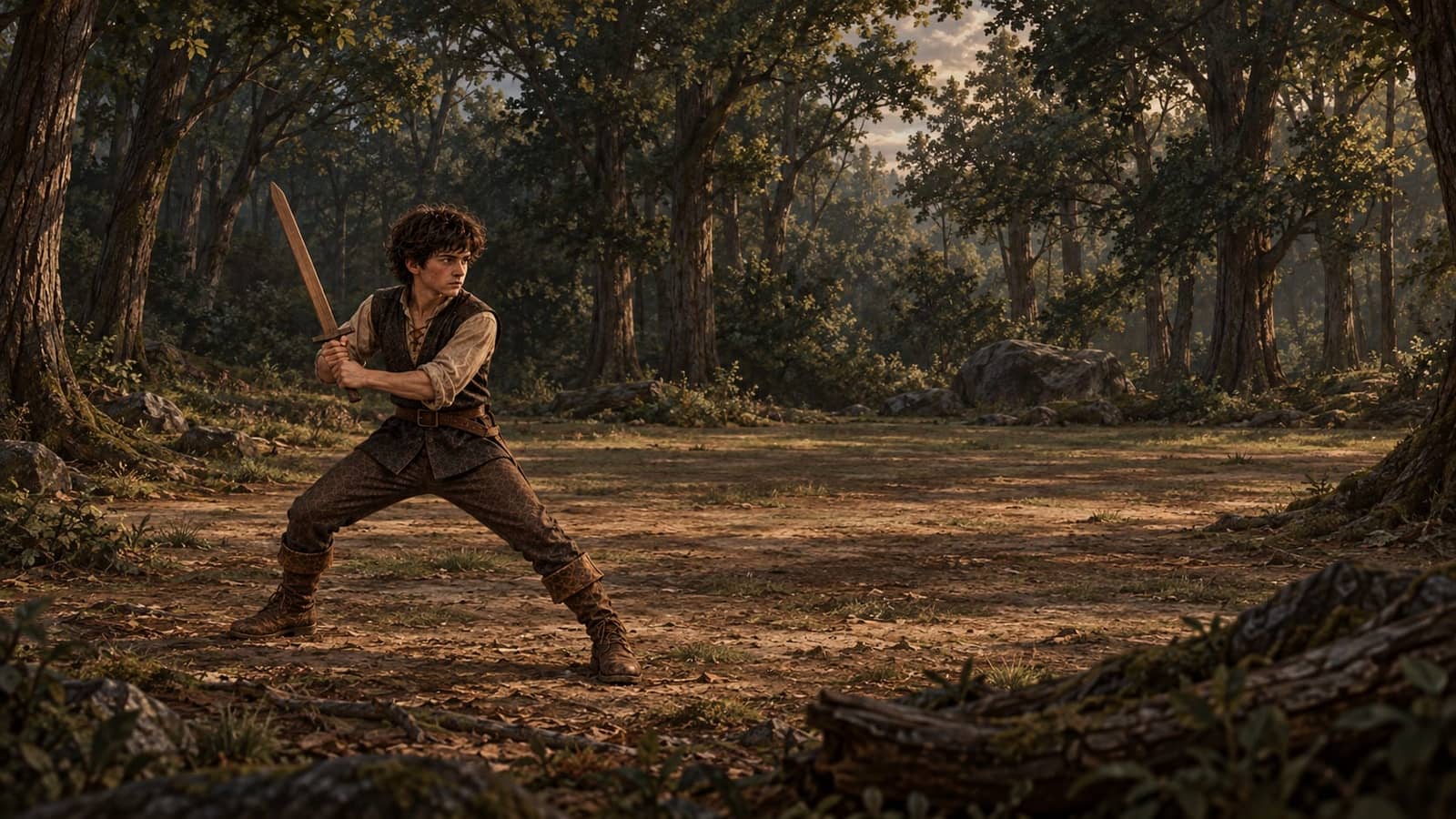 Arien holding a wooden practice sword in a forest clearing