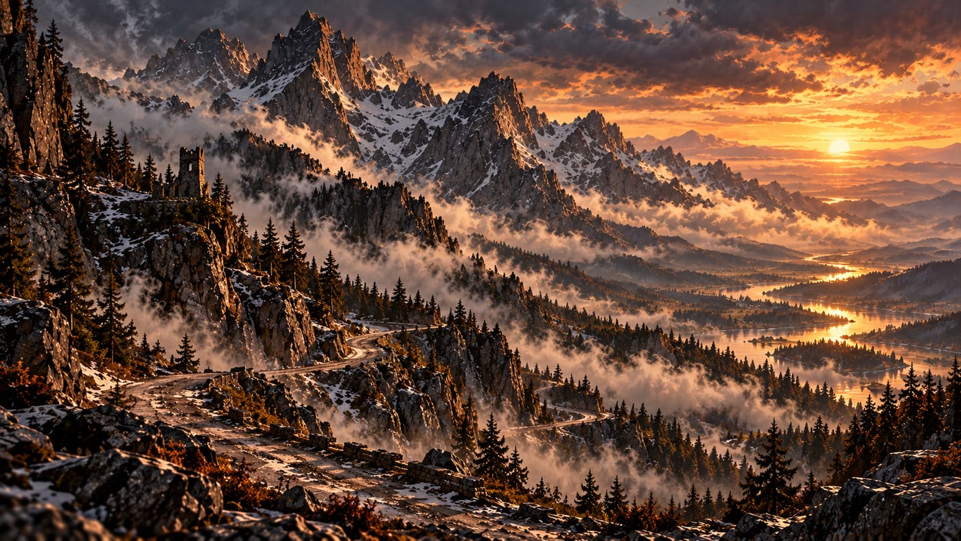 The Fellmark Mountains at sunset, with snow-dusted peaks above a misty pine valley, a winding road and a ruined stone tower