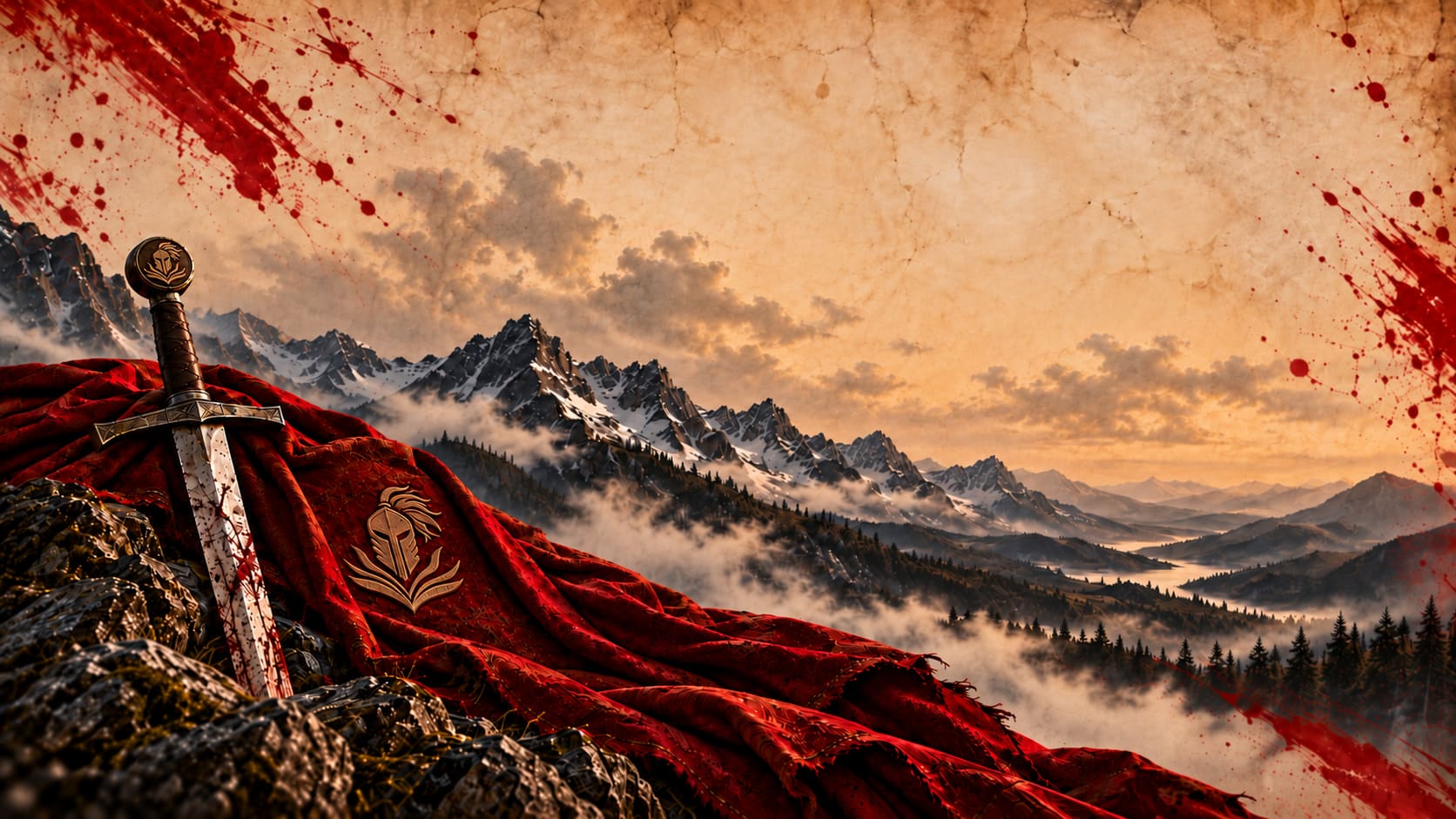 A sword draped in a torn red cloak stands on a rocky outcrop above a misty valley, with snow-capped mountains, a distant castle and red paint splashes across a parchment-toned sky
