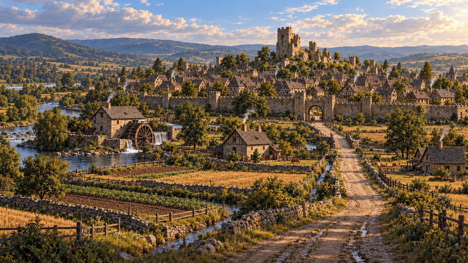The Old Keep, a ruined stone tower above a walled medieval town, with a watermill on the river and a dirt road through farmland