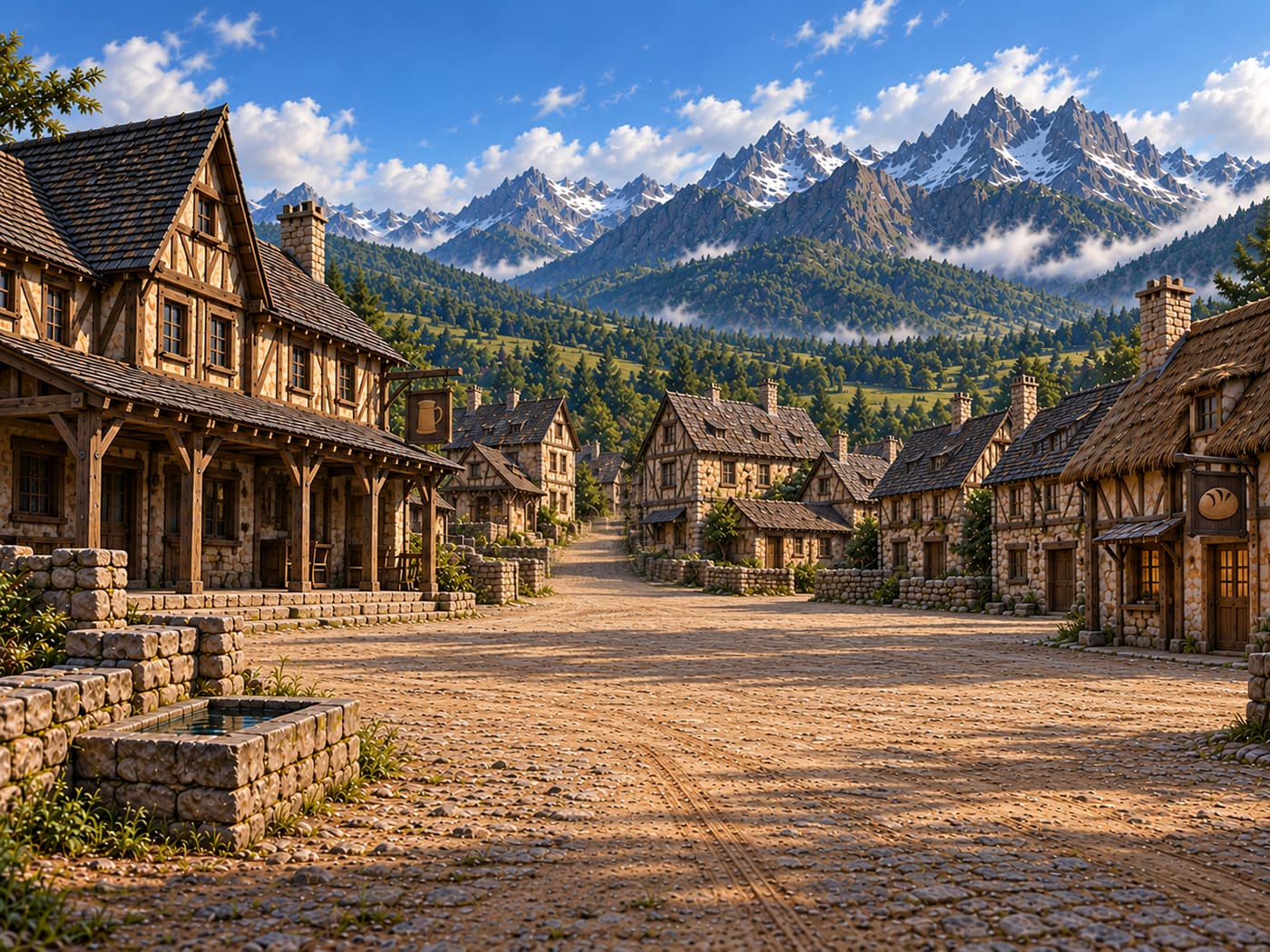 Valenstone market square, with timber-framed stone cottages around a cobbled square beneath snowy mountains
